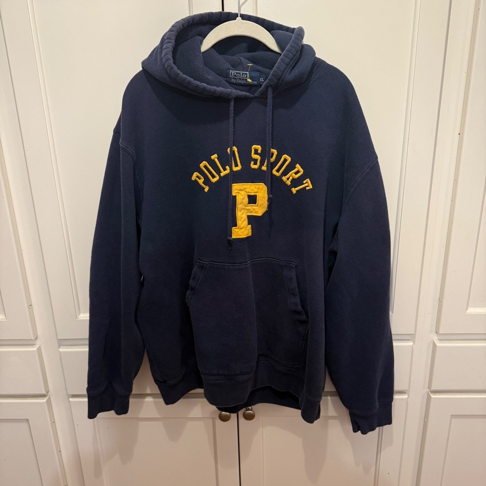 Vintage Polo Sport Ralph Lauren Navy Blue Hoodie Yellow Spell Out XL P Logo